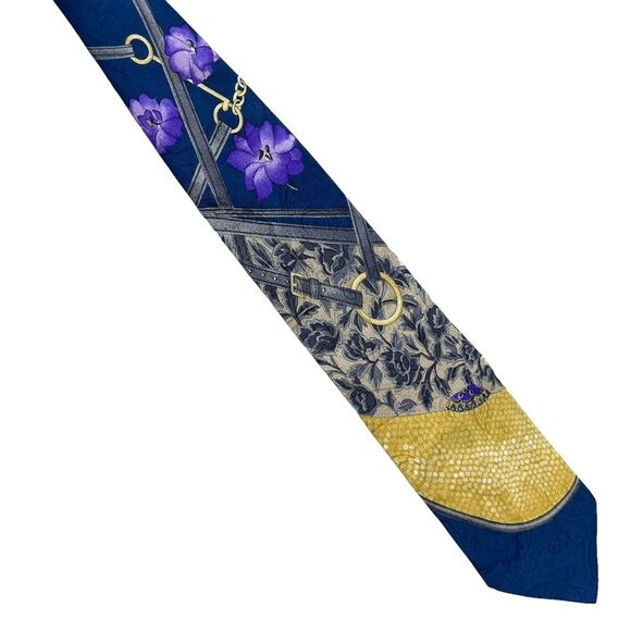 Leonard Paris Men's Tie Equestrian Floral Blue/Yellow Silk 3.75